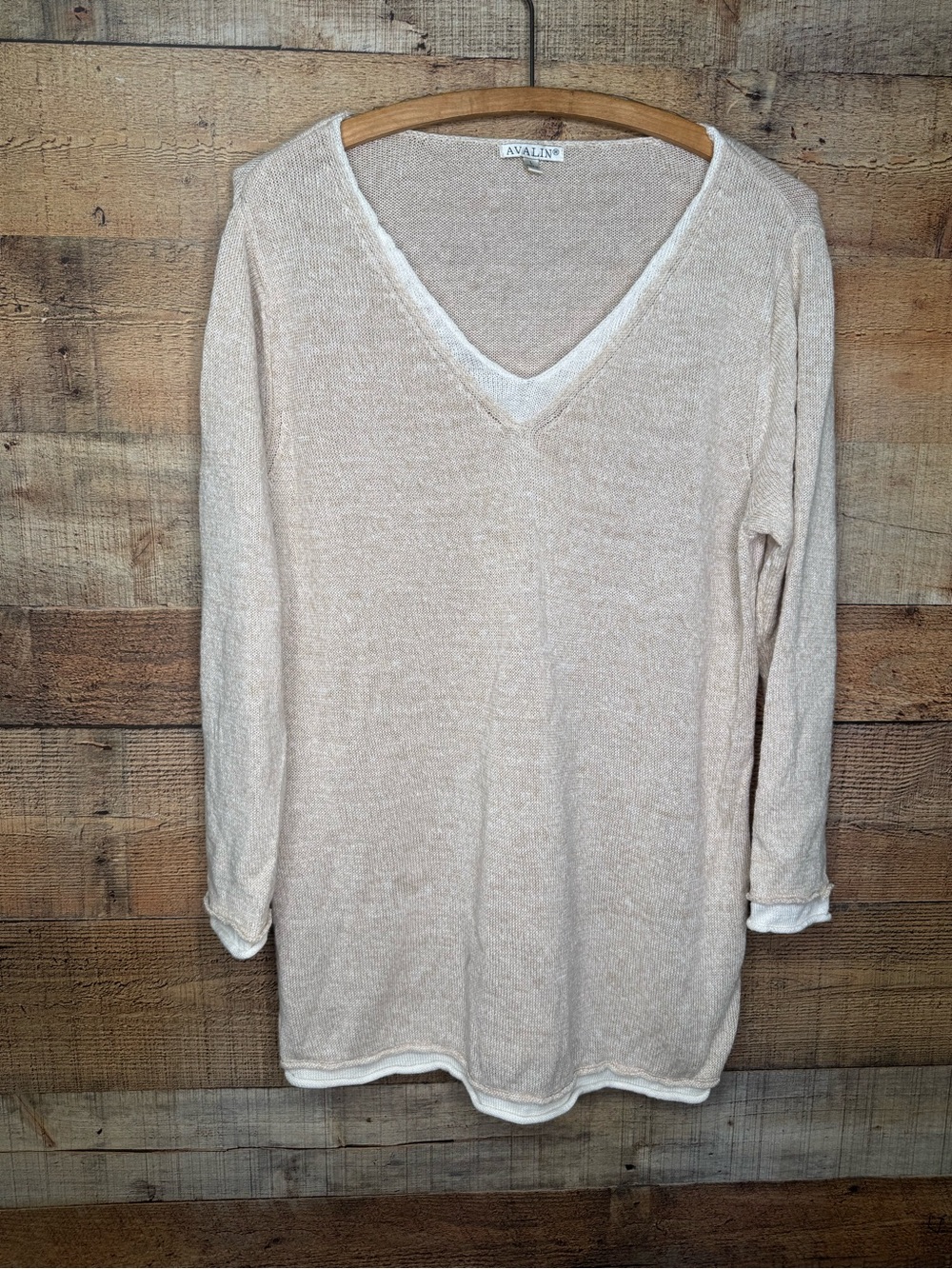 Avalin Sweater Women L Knit Linen Layered Lightweight V Neck Pullover Cottage